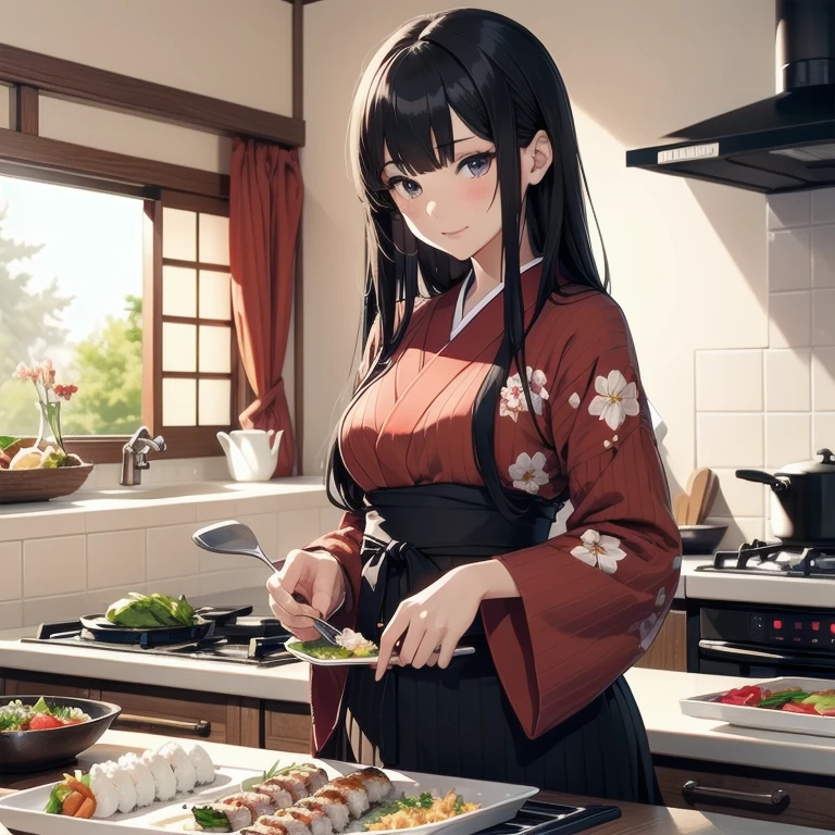 1girl, anime, black eyes, long black hair with square bangs, very long black hair, super long black hair, skirt and stockings, heels, black Japanese style kimono mixed with ribbed black sweater with red accents and sakura floral design, ((ribbed black sweater)) adult, (Japanese shrine/temple background), gamer, (((gamergirl))), kimono sleeves, garter, graceful, (((cooking food in kitchen))), making sushi, cutting sushi, sushi on countertop