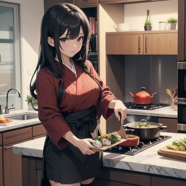 1girl, anime, black eyes, long black hair with square bangs, very long black hair, super long black hair, skirt and stockings, heels, black Japanese style kimono mixed with ribbed black sweater with red accents and sakura floral design, ((ribbed black sweater)) adult, (Japanese shrine/temple background), gamer, (((gamergirl))), kimono sleeves, garter, graceful, (((cooking food in kitchen))), making sushi, cutting sushi, sushi on countertop