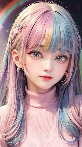 small face、flower garden、 Super detailed,bright colors, very beautiful detailed anime face and eyes, look straight, shiny_skin,girl, (((rainbow colored hair, colorful hair, Half blue、half pink hair: 1.2))), 、shiny hair, delicate beautiful face, blush、Glasses、(turquoise eyes), , Valletta, earrings,、flower garden、sunset、(turtleneck、Stylish lace mini skirt)、(twin tails)、smile、happy face、face dyed red、cheerful pose、dynamic、Head to toe full body portrait、(I can see the whole body)