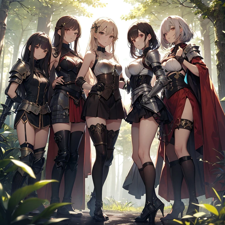 A group of  female knight, (in forest), various hair styles, harem, wearing armored clothes, metal armor, night, details face, , short skirt, seducing, sword, showing armpits, sleeveless 