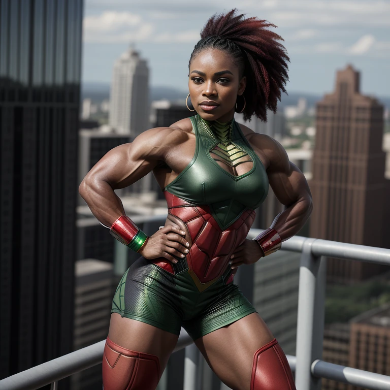 Beautiful African American mix Melanesian woman, (26 years old), MMA trainer, (((African inspired superhero outfit with red, black and green))), fit body, (muscles:1.2), athletic feminine body, female fitness model body, high rise building rooftop at daylight, masterpiece, perfect lighting, uhd, 8k, she is an exceptional MMA fighter, hard toned feminine body, long ponytail hair, ((serious look at camera:0.4)), ((sultry and strong pose))