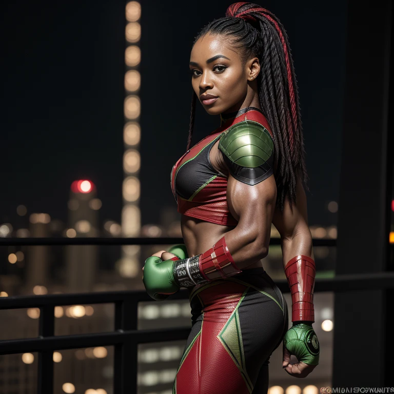 Beautiful African American mix Melanesian woman, (26 years old), MMA trainer, (((African inspired superhero outfit with red, black and green))), fit body, (muscles:1.2), athletic feminine body, female fitness model body, high rise building rooftop at daylight, masterpiece, perfect lighting, uhd, 8k, she is an exceptional MMA fighter, hard toned feminine body, long ponytail hair, ((serious look at camera:0.4)), ((sultry and strong pose))