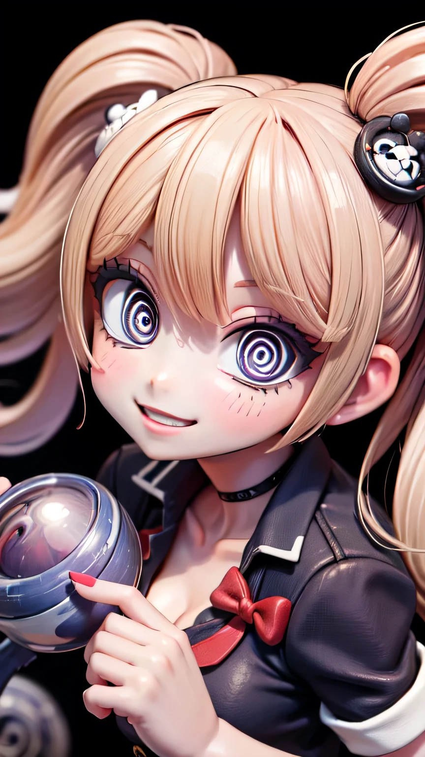 [nsfw:1.5], Junko Enoshima, (absurdres:1.5), (anatomically correct), (Oskar Kokoschka style:1.4), (abstract expressionism art:1.4), (photo once in 1000 years), (masterpiece), (highest quality), (super detailed), (floating), (detailed light), (portrait:1.5), long blonde twin tails, one girl, alone, (ultimate detailed and beautiful blue spiral eyes:1.5), (catchlight:1.5), cleavage, clavicle, big breasts, bangs, grinning, (looking into viewer:1.5), (high angle:1.5), (fish-eye lens:1.5), bear hair ornament, nail polish, red nails, red bow, black shirt, underwear, choker, black bra, rolled up sleeves, white tie, red plaid pleated skirt, shiny, shiny hair, (sychedelic pinky:1.5), shiny skins
