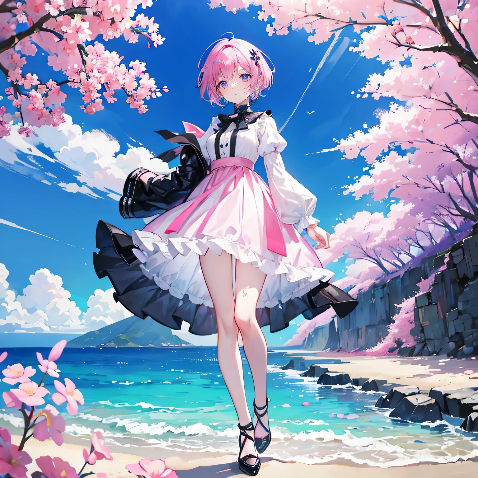 pink hair,purple eyes,short hair,sister head,Two black hairpins,girl,gorgeous dress,,black leather shoes,full-body shot,whole body,stand on the ground,seaside,many flowers,Background blue sky and white clouds