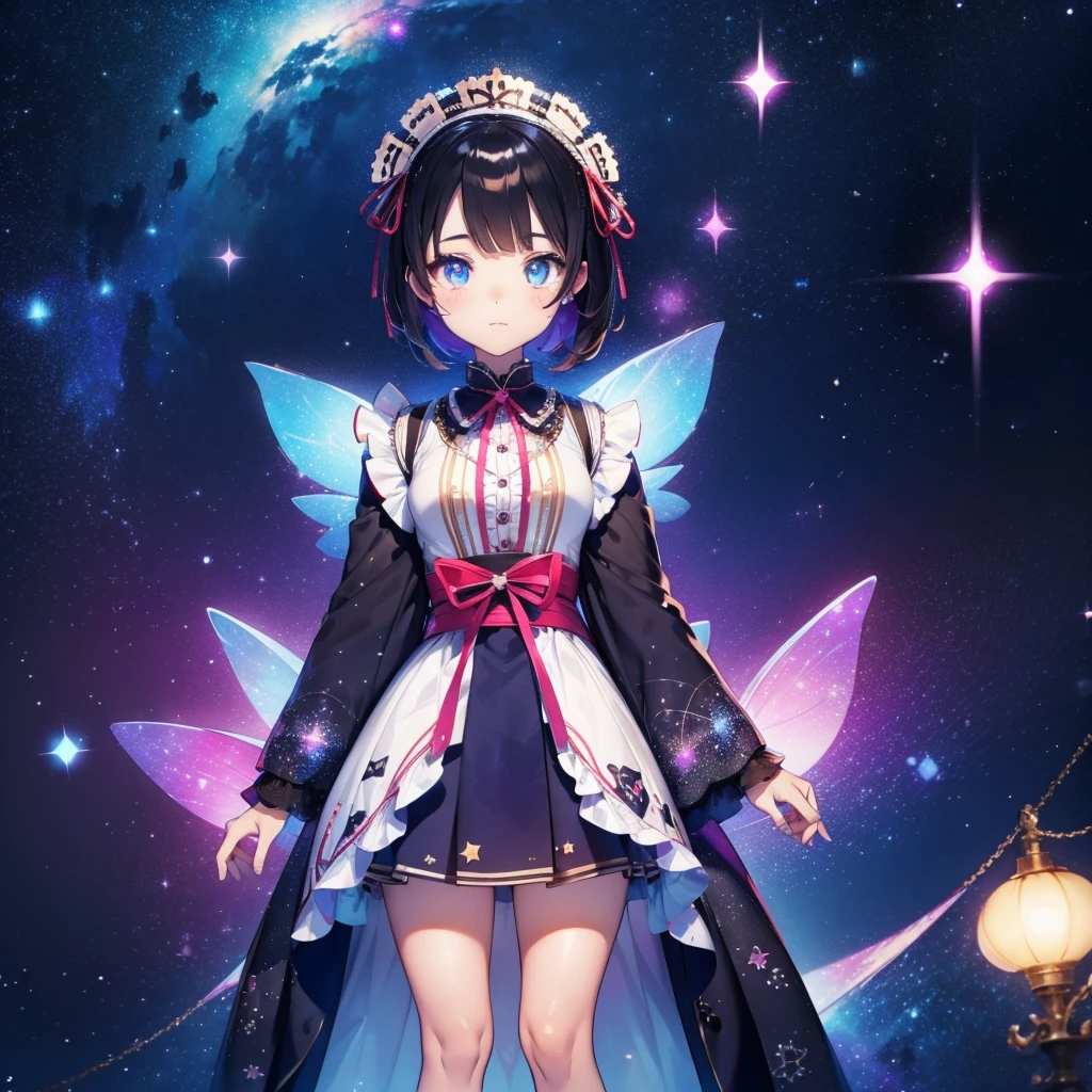 vtuber-fullbody、Star Fairy、「A beautifully printed galaxy patterned kimono and gothic lolita outfit.、Space pattern box pleated mini skirt with ruffles、Front full body portrait、enchanting eyes、Perfect and stunning face、exquisite details、clear image、highest quality。」short hair、