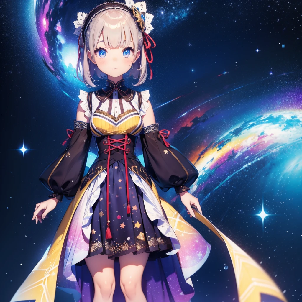 vtuber-fullbody、Star Fairy、「A beautifully printed galaxy patterned kimono and gothic ta outfit.、Space pattern box pleated mini skirt with ruffles、Front full body portrait、enchanting eyes、Perfect and stunning face、exquisite details、clear image、highest quality。」short hair、