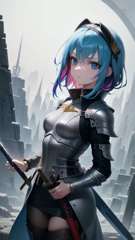1girl, (masterpiece), best quality, expressive eyes, perfect face, ((anime girl with blue eyes and grey futuristic archer outfit)), ((((multicolored hair)))), ((rainbow hair)), small breast, (futuristic eye visor), shinig eyes, bracelet, ((with a futuristic sword on the side))