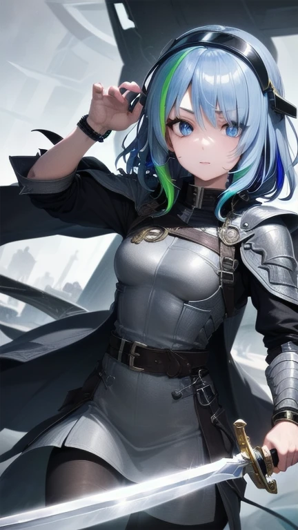 1girl, (masterpiece), best quality, expressive eyes, perfect face, ((anime girl with blue eyes and grey futuristic archer outfit)), ((((multicolored hair)))), ((rainbow hair)), small breast, (futuristic eye visor), shinig eyes, bracelet, ((with a futuristic sword on the side))