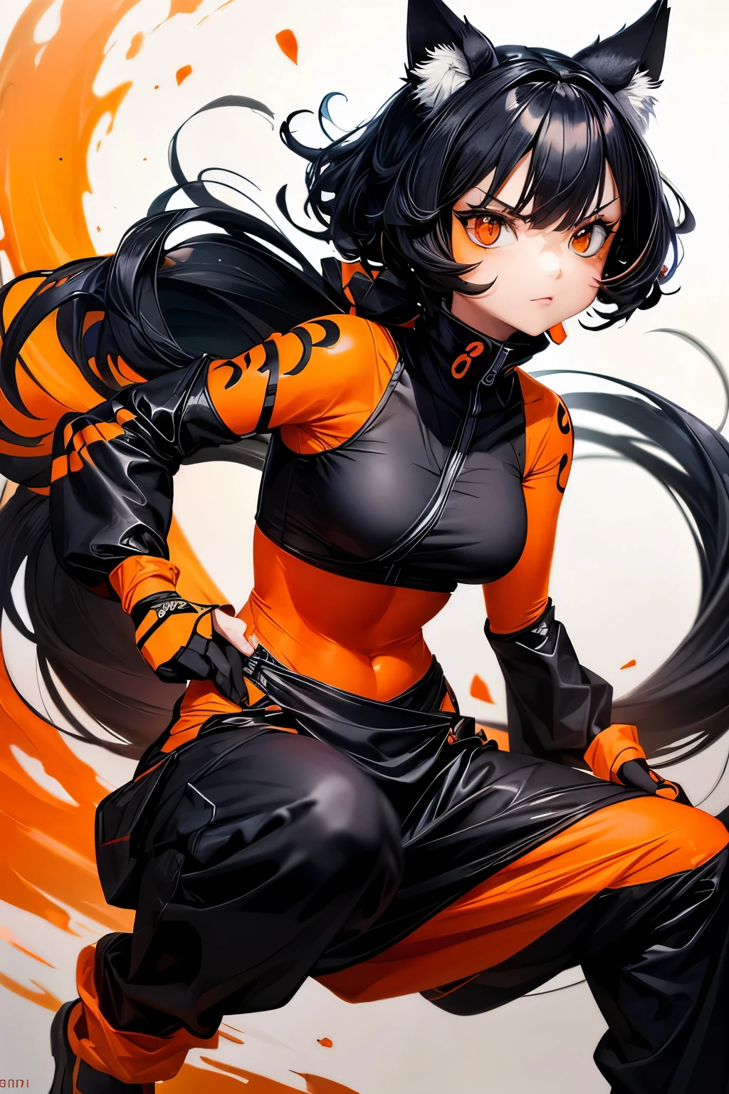 Cute black and orange cat, ninja clothes, big eyes, beautifull, pretty, friendly face, detailed eyes