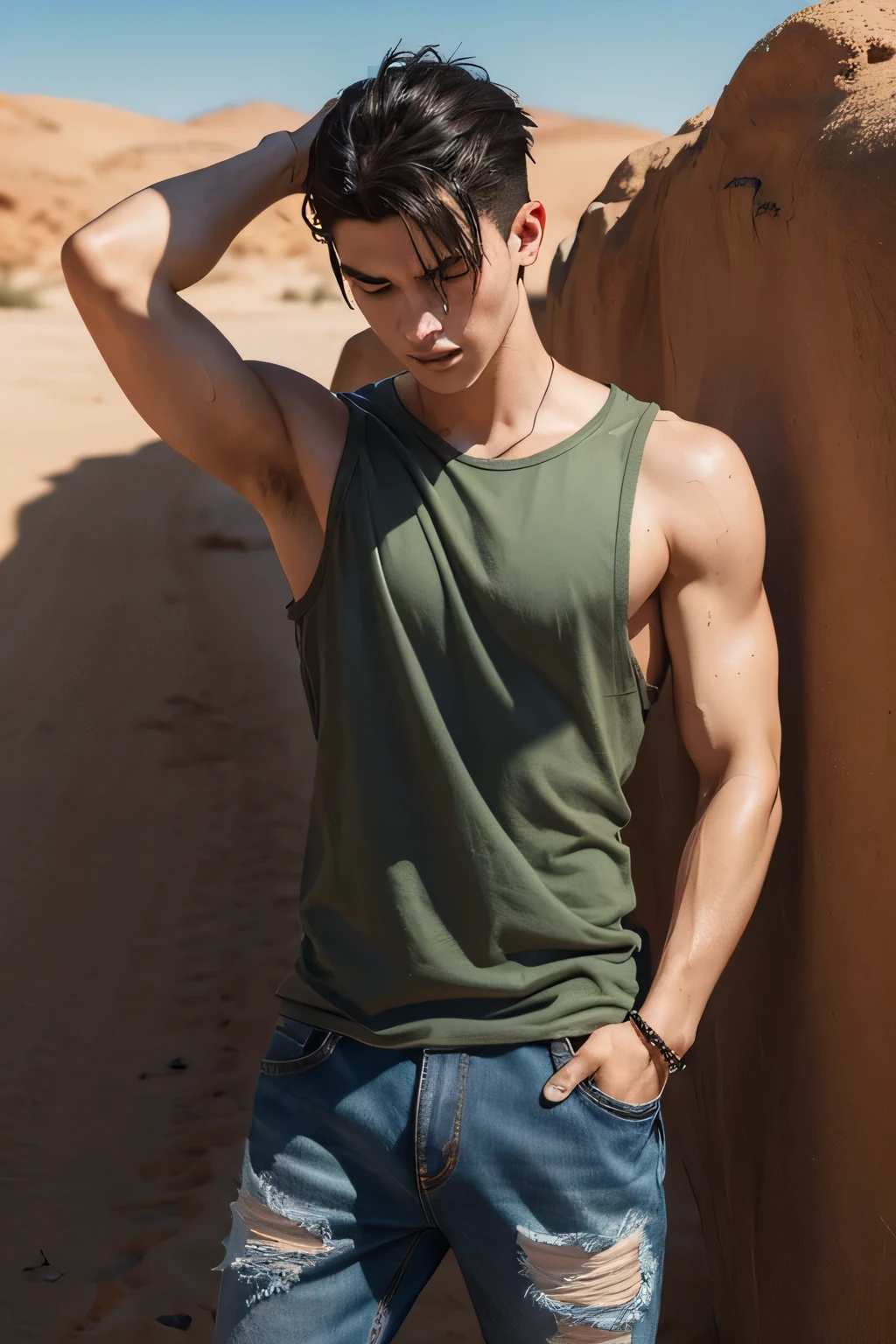 shirtless sweat-drenched 21-year old short black hair caucasian male, tattered jeans, sneakers, dripping with sweat, shirtless, standing, hands on the head showing underarms, in the desert 
