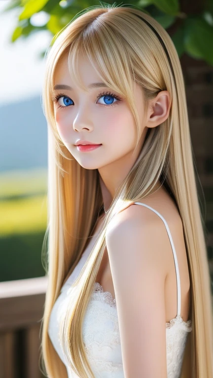 real photo quality、extraordinary sexy beauty、Beautiful calm and bright expression、Sexy refreshing look、Long bangs that fall on a perfect beautiful cute face、Super long blonde straight silky hair、blonde on a beautiful face、Very cute beautiful sexy young little woman、very perfect beautiful cute face、Beautiful bright sky blue eyes、very big eyes、hair above eyes、片hair above eyes、hair between eyes、Very radiant white skin、cheek gloss