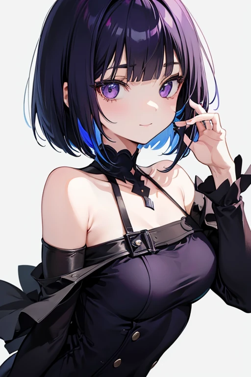 Anime-style portrait of a girl with a dark violet bob cut making eye contact with the camera, bright eyes, baby-faced, subtle smile, minimalistic background to emphasize character, high contrast, clean lines, digital painting, vivid colors