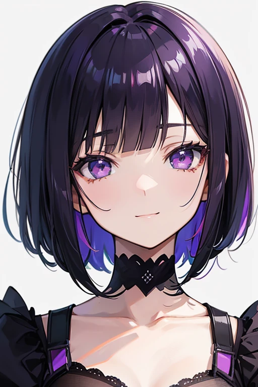 Anime-style portrait of a girl with a dark violet bob cut making eye contact with the camera, bright eyes, baby-faced, subtle smile, minimalistic background to emphasize character, high contrast, clean lines, digital painting, vivid colors