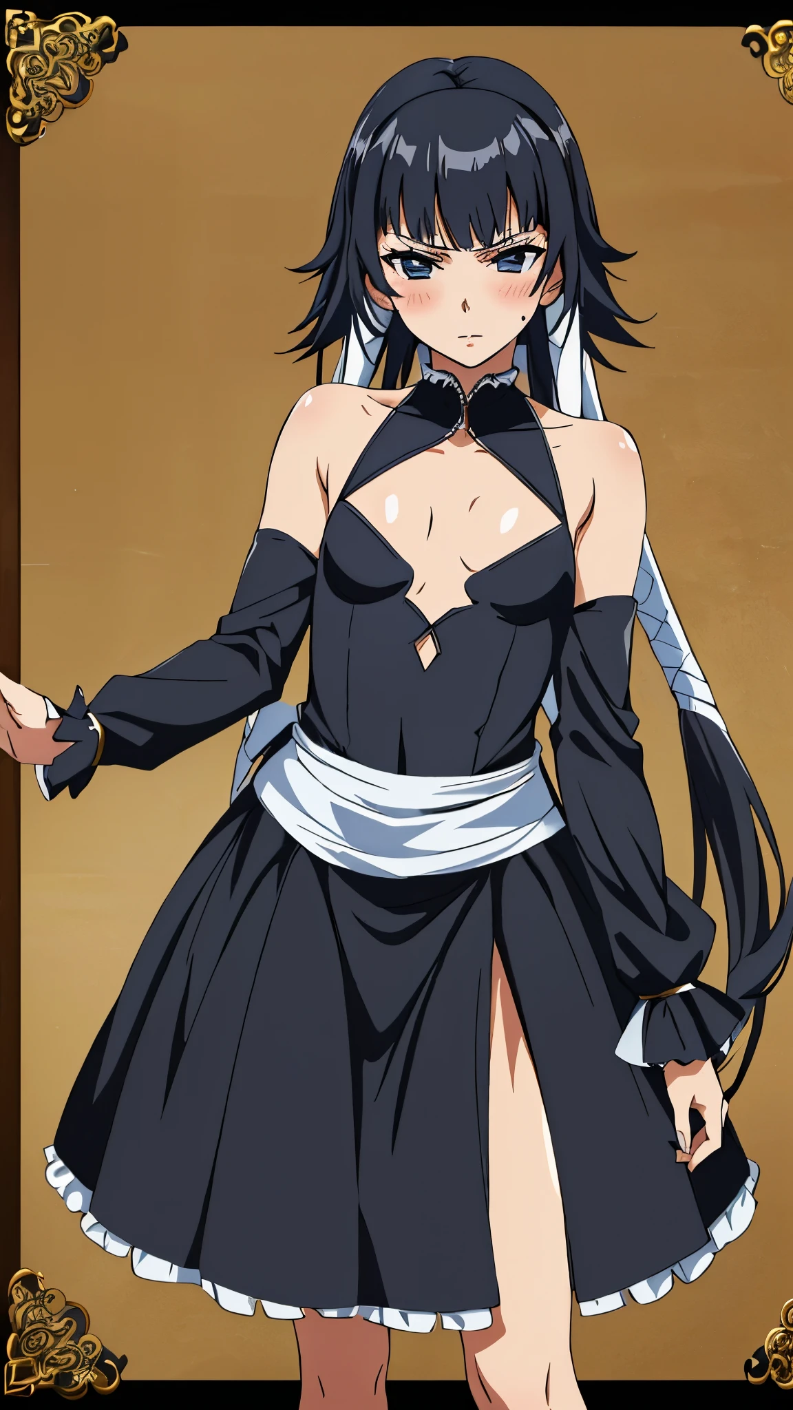 masterpiece,super high quality, High resolution,8K, anime art style,girl1people, perfect face, black hair,long hair,straight hair,let your hair down,slender body, perfect hands, perfect anatomy ,(gothic fashion,gothic dress,black dress,gothic art style,mini skirt,frills,headband,Bearish look,blush,),1in people,stylish pose,stylish angle,looking at the viewer,in the center of the image, (beautiful_small breasts:1.3), (beautiful_face:1.4),