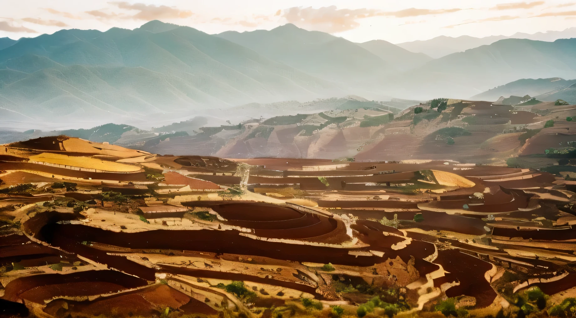 Yunnan Dongchuan Red Soil Plateau with mountains and fields in the background，Red terraces