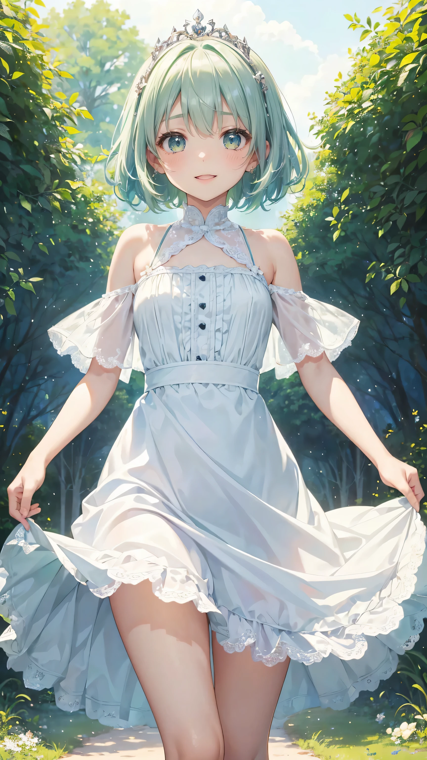 very cute girl、(())、Light green hair、short hair、(Bangs longer than shoulders)、(Beautiful, vibrant and gorgeous dress)、white lace panties、I can see your panties、Silver tiara on head、smile、open your mouth、Skirt swaying in the wind
