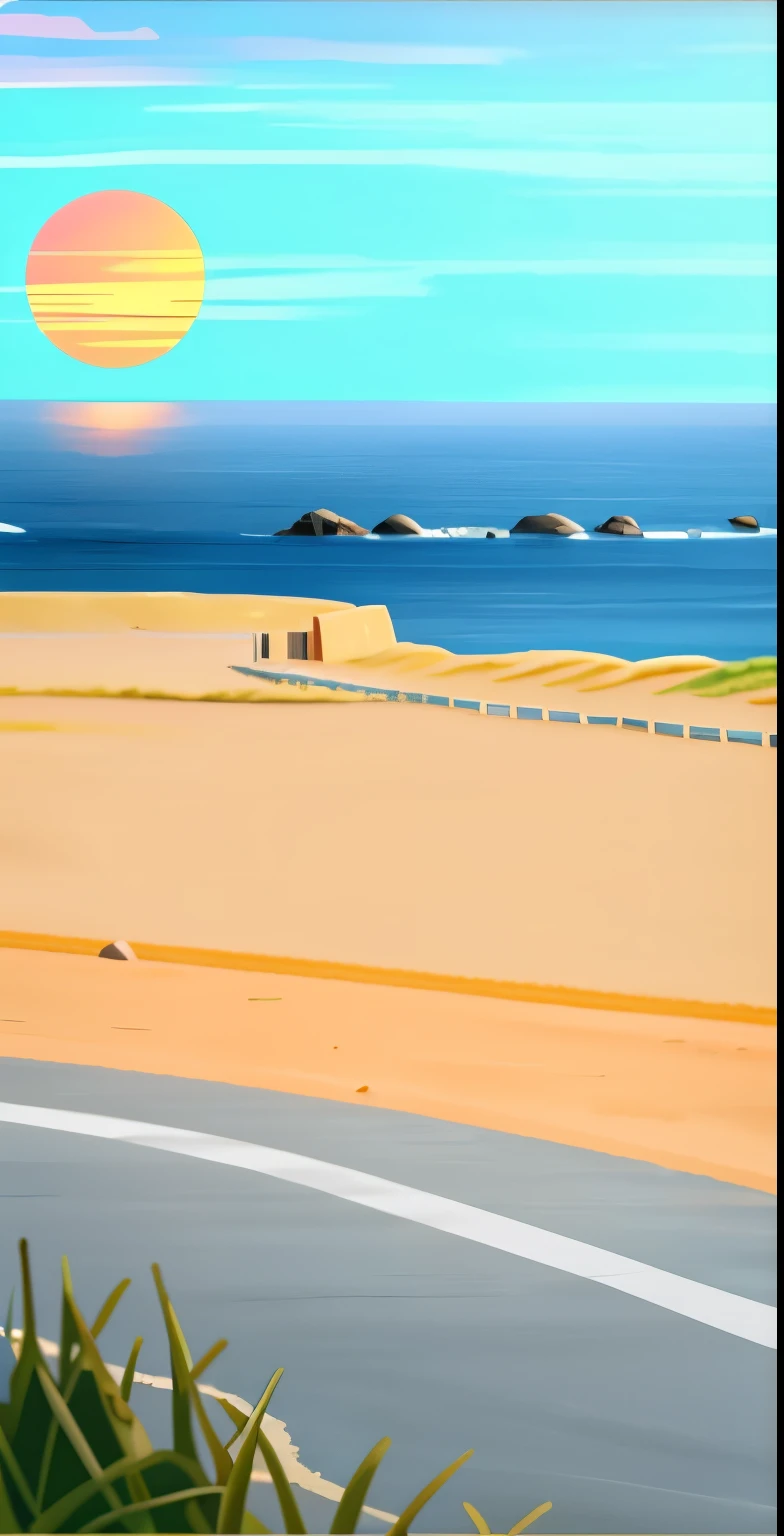 road to the sea,Road bend，Roadside beach cliffs，The sea in the distance，sunset，The huge sun leaves a reflection on the sea，number, 