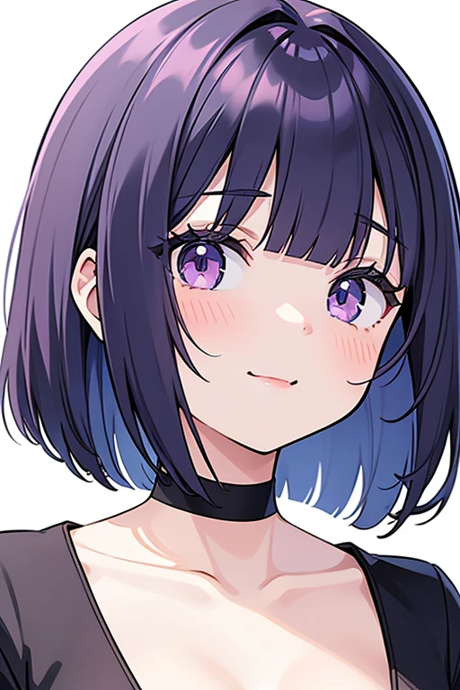 Anime-style portrait of a girl with a deep violet bob cut making eye contact with the camera, bright eyes, subtle smile, minimalistic background to emphasize character, high contrast, clean lines, digital painting, vivid colors