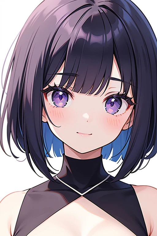 Anime-style portrait of a girl with a deep violet bob cut making eye contact with the camera, bright eyes, subtle smile, minimalistic background to emphasize character, high contrast, clean lines, digital painting, vivid colors