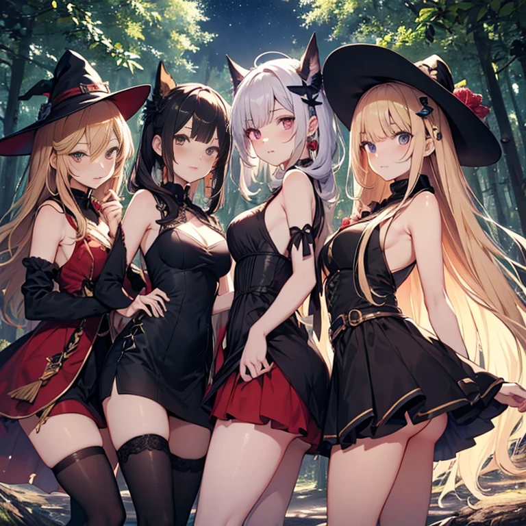 A group of witches, (in forest), various hair styles, harem, wearing witch dress, night, details face, , short skirt, seducing, magic wand, showing armpits, sleeveless