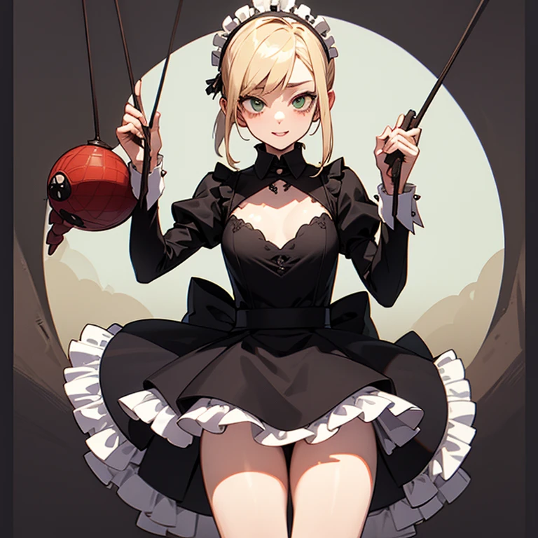 Arachne, girl, green eyes, long pointy tongue, spider legs, blonde hair ponytail, maid dress, cave, webs.