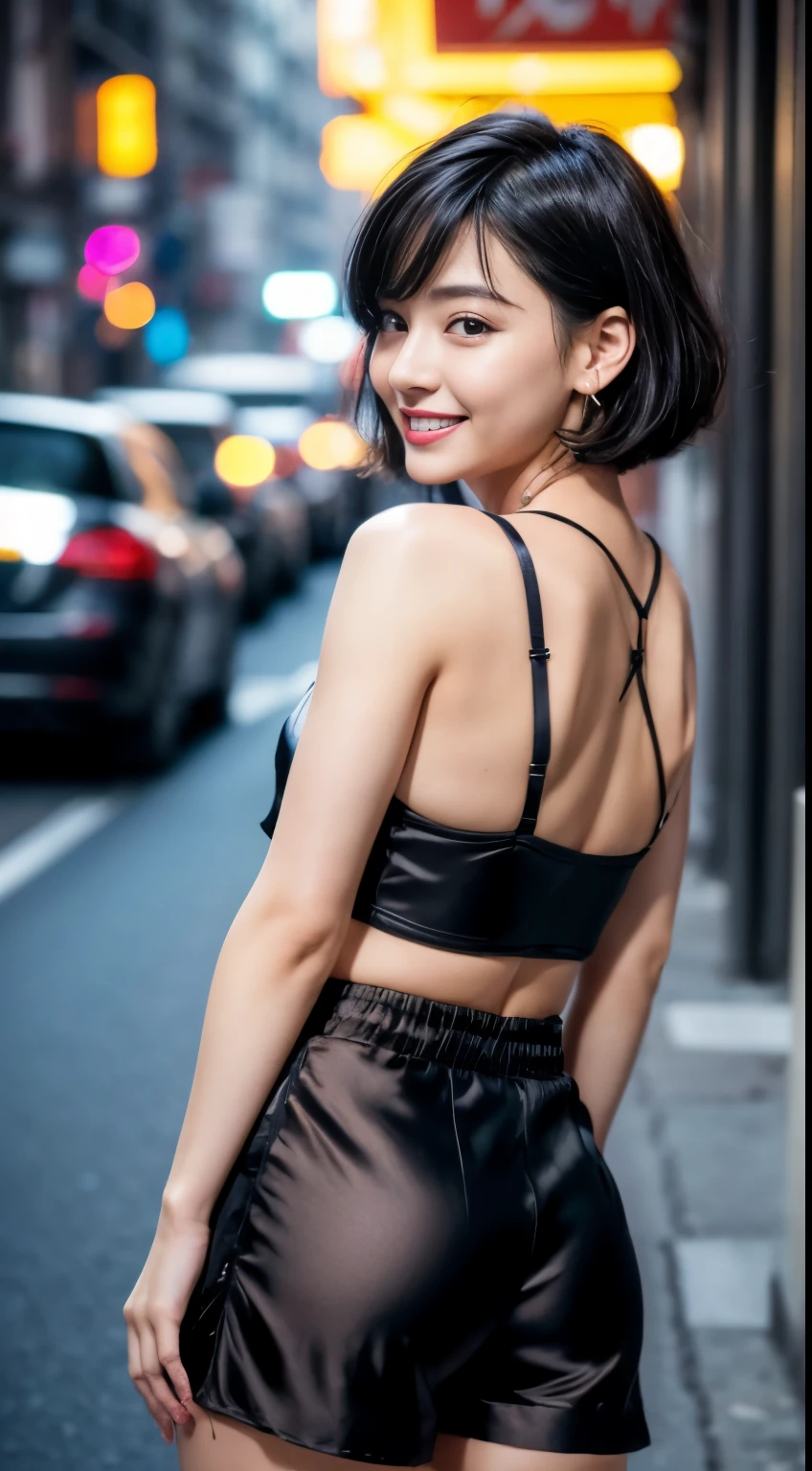 (realistic:1.3), finely detailed, quality, rembrandt lighting, (masterpiece:1.2), (photorealistic:1.2), (best quality), (detailed skin:1.3), (intricate details), dramatic, ray tracing, 1girl, japanese girl, 21 years old, detailed skin texture, (blush:0.5), (goosebumps:0.5), subsurface scattering, smiling, medium breasts, short hair curls, bangs, hair between eyes, SBCamisole, (ruffled skirt:1.2), from behind, cowboy shot, (bright sunny day, harajuku, footpath, sky), <lora:SBCamisole:0.6>
