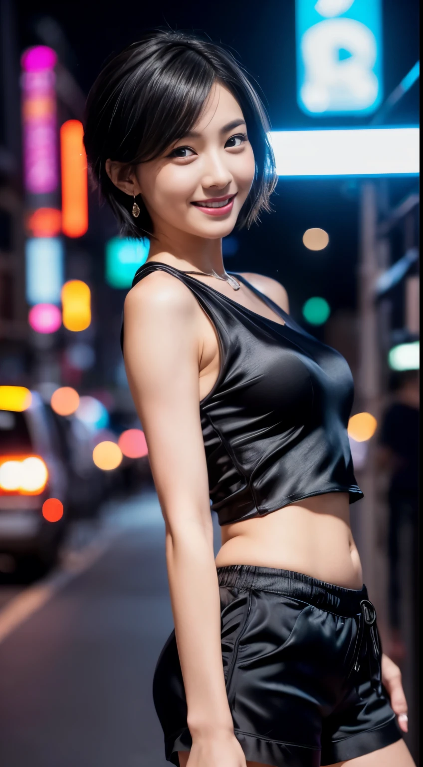 highest quality, masterpiece, ultra high resolution, (realistic:1.4), thin waist,thin legs,Thin and beautiful arms,beautiful fingers,Because I'm slender,Medium chest,soft chest,(Portrait sitting with legs apart),open your legs to the viewer, RAW photo, 1 girl,20-year-old,((At the crowded Shibuya scramble crossing)),((white bikini with red ruffleessy hair,((short straight hair jet black hair)),((Bangs short hair)),realistic,picture media chest)),((toothy smile)),((big smile))