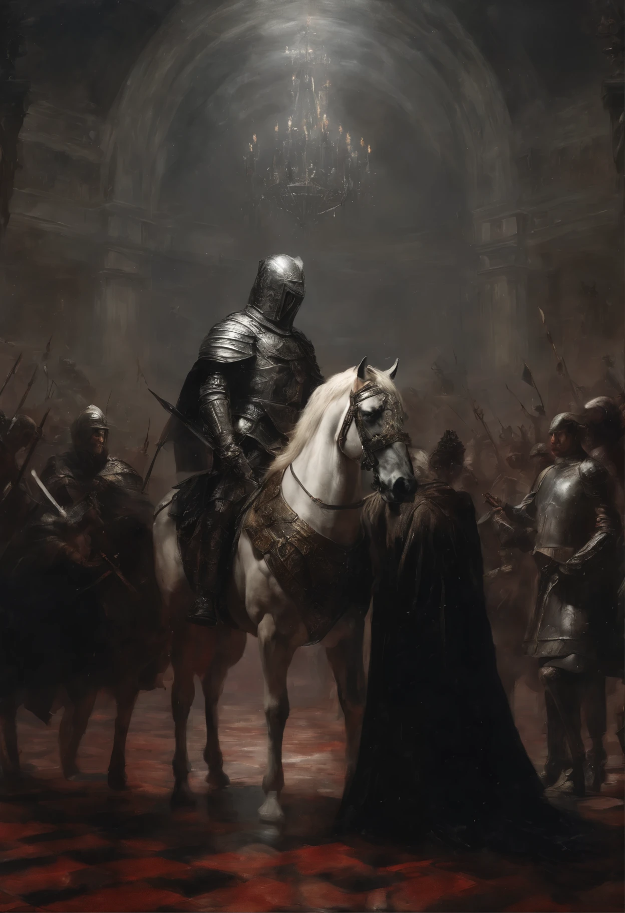 Cinematic angle, strong angle, (ultimate anti-realism: 1. 4), miniature white princess with Bible on her chest and king on miniature horse fighting on chessboard, strong and muscular upper body, realistic costumes, ((silver spear)), golden armor, background is fictional world Louvre Museum The Louvre, dark red room with heavy snow, chess pieces falling on chessboard and snow, cosmic ceiling painting, on chessboard, medieval, dark room, dim light and snow and ice, realistic, oil painting, crowds and soldiers, king standing on ceremony,