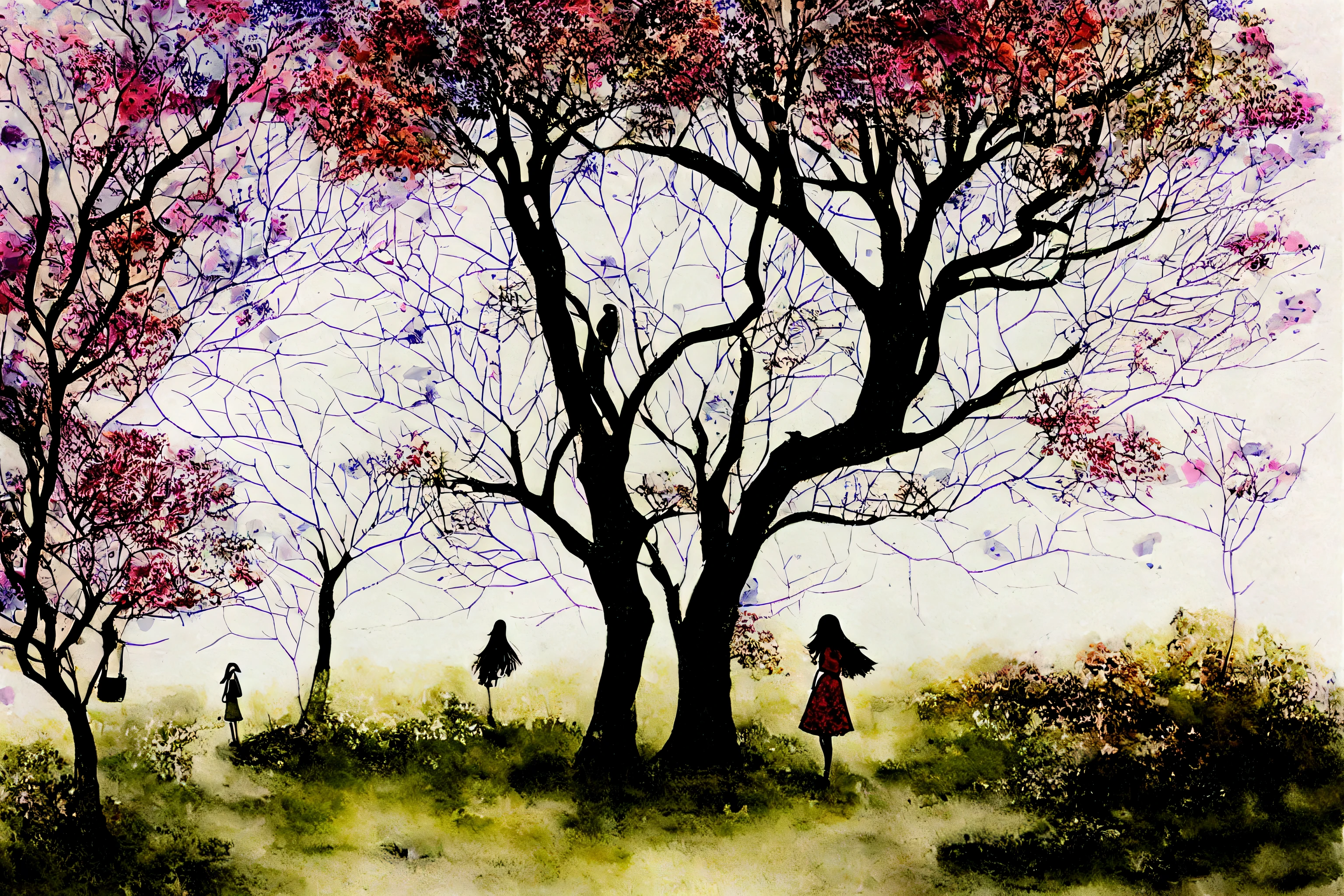there is a drawing of a girl with an umbrella under a tree, blurry and dreamy illustration, blurred and dreamy illustration, dreamy illustration, inky illustration, birds and trees, a beautiful artwork illustration, illustration!, inspired by Jung Park, watercolor ink illustration, high contrast illustration, inspired by Chiharu Shiota, under rain, mixed media illustration, by Ayami Kojima