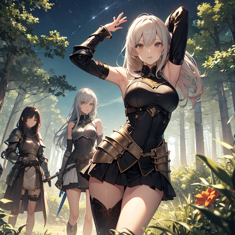 A group of young female knight, (in forest), various hair styles, harem, wearing armored clothes, metal armor, night, details face, , short skirt, seducing, sword, sleeveless , showing armpits, night, starry night, tomboy haircut 