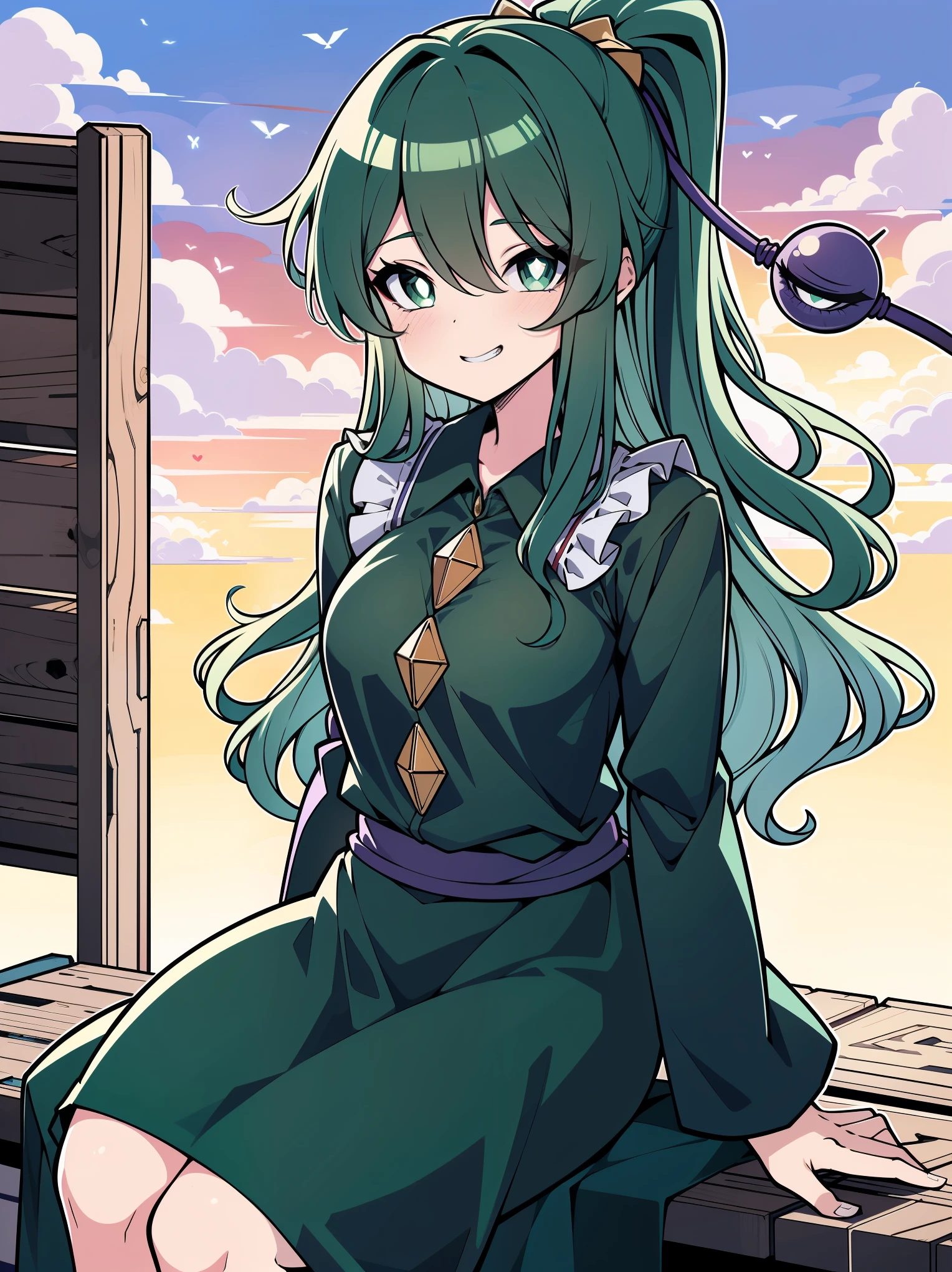 (Cowboy shot), (colorful:1.1), glowing, (ultra-high resolution, depth of field:1.2), looking at viewer, (komeiji koishi:1.1), (1woman), adult, Touhou project, medium breasts, (dark green eyes), white pupils, glowing eyes, green hair, wavy hair, (long hair), ponytail, comfy clothing, (casual dress), A closed blue-purplish "third eye" is positioned over her heart, with cords wrapped around her torso and attached to each of her ankles, (blue roses in the background), garden scenery, (Sunset:1.1), grinning, (squinting eyes), sitting on a garden bench