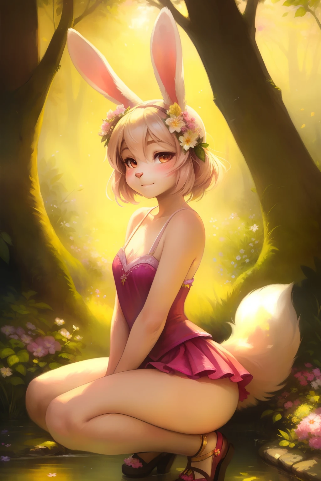 Ultra detailed, a stunning full-size portrait of a captivating bunny girl, S2, boasting luscious rabbit ears with delicate pink blush, big expressive eyes enchanting with every gaze, fluffy white tail cascading behind, dressed in an elegant bunny girl outfit. She is shown crouching in a thoughtful pose, her curves accentuated by soft, pastel colors. The background is adorned with enchanting springtime scenery, blooming flowers, and lush green foliage, reflecting the gentle, ethereal beauty of the bunny girl, S2. Kenket, Ross Tran, Ruan Jia, Fox