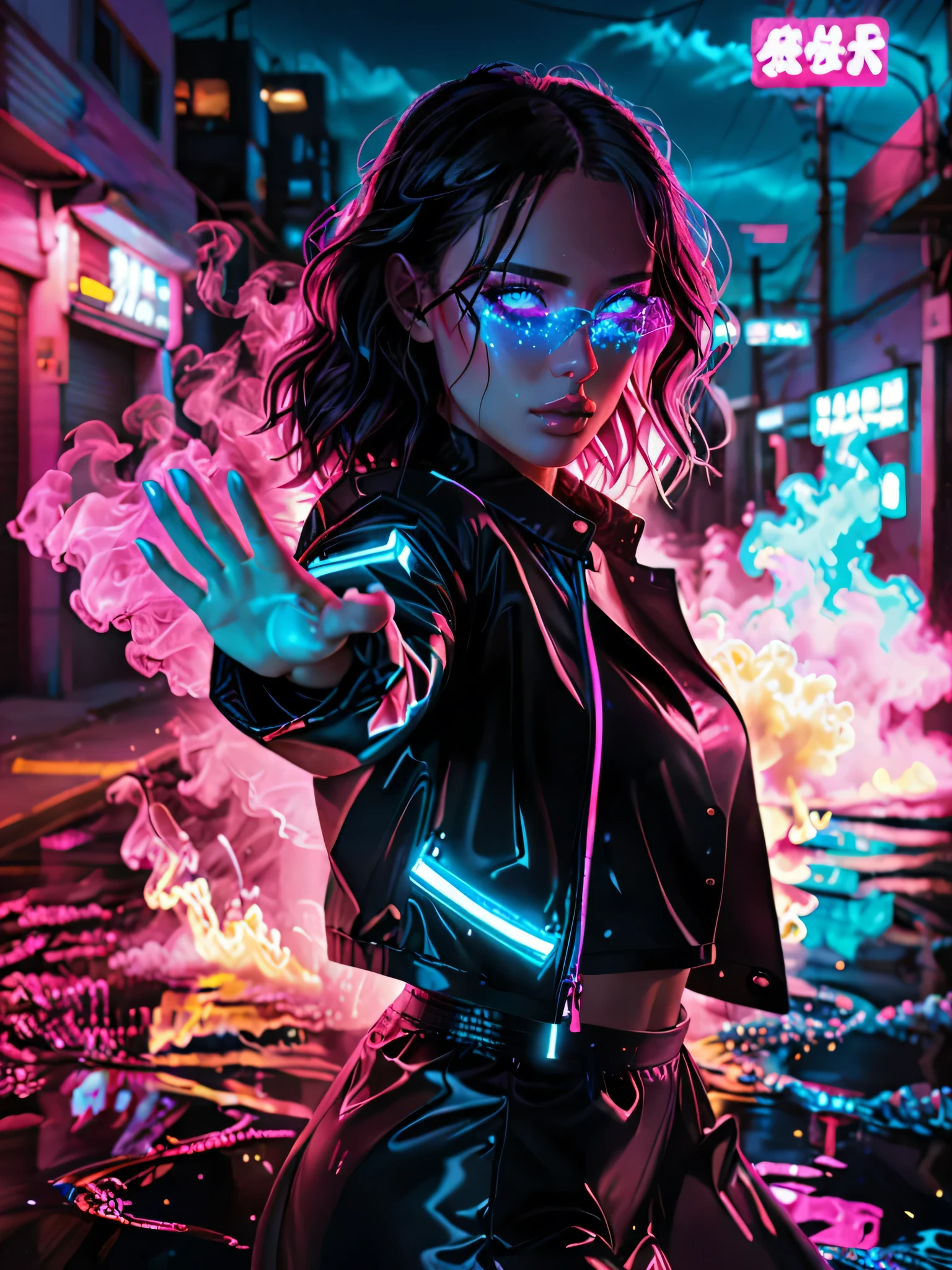 glowneon, glowing black jacket on dark figure, emitting liquid light vibrant blue and pink, glowing eyes, cinematic film still, neon vaporwave background, water everywhere, smoke behind her, reaching her hand out to the viewer: 1.8, reaching towards camera: 1.8