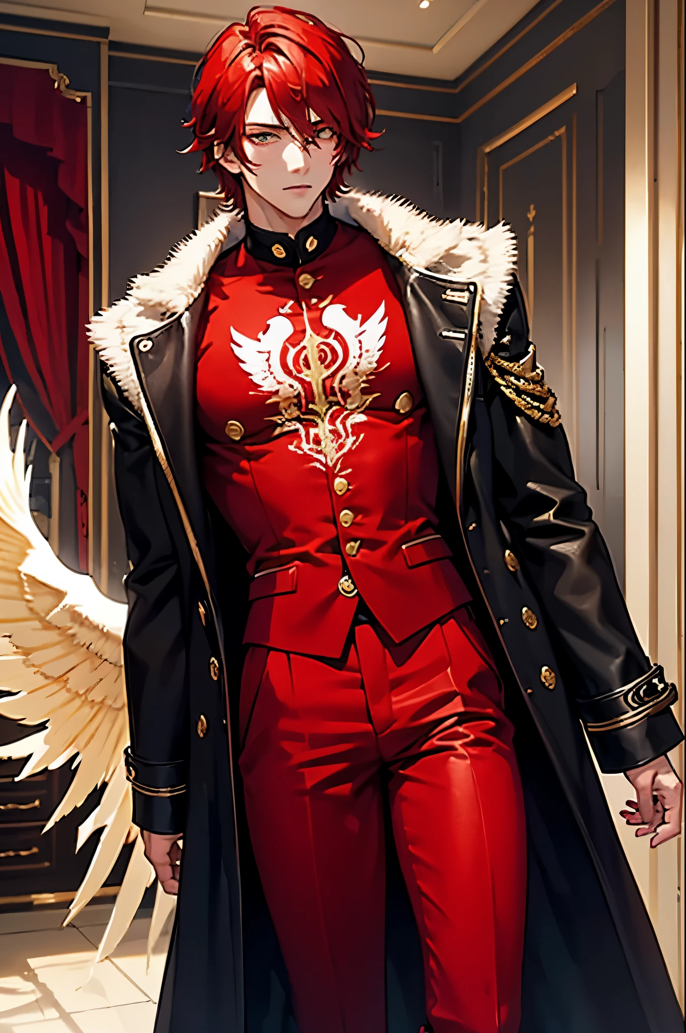 Red haired tall and muscular noble man in a ruby red room weaing black and red trimed luxurycoat he also has a phoenix tattoo on his face