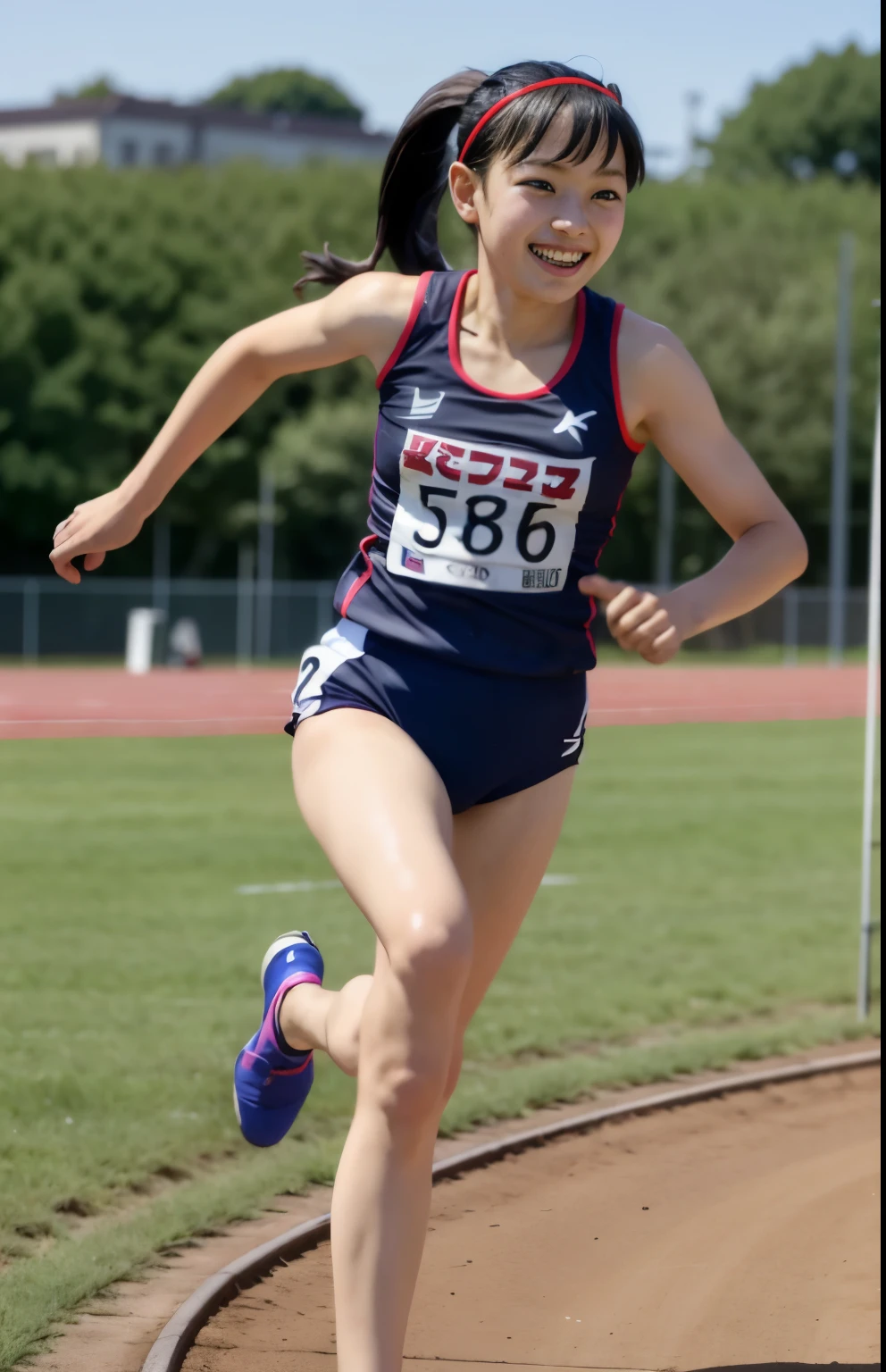 (highest quality, masterpiece), (Beautiful 11 year old Japanese girl), (freckles:0.6), ponytail, smile, garden, track and field athlete