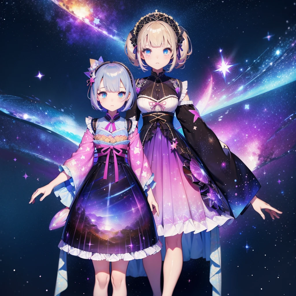 vtuber-fullbody、Star Fairy、「A beautifully printed galaxy patterned kimono and gothic ****ta outfit.、Space pattern box pleated mini skirt with ruffles、Front full body portrait、enchanting eyes、Perfect and stunning face、exquisite details、clear image、highest quality。」short hair、