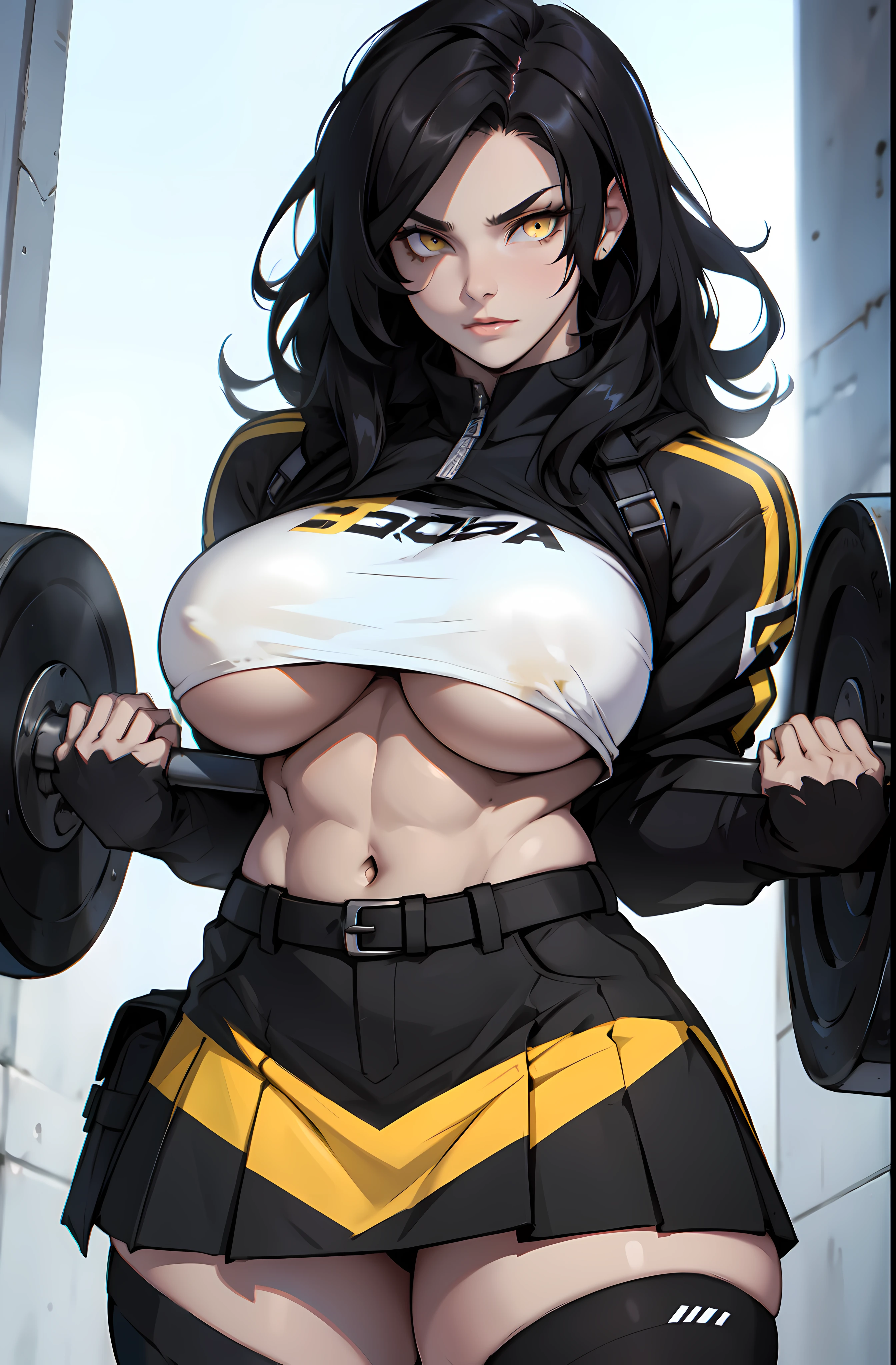 muscular girl black hair yellow eyes huge tits abs pale skin lifting skirt