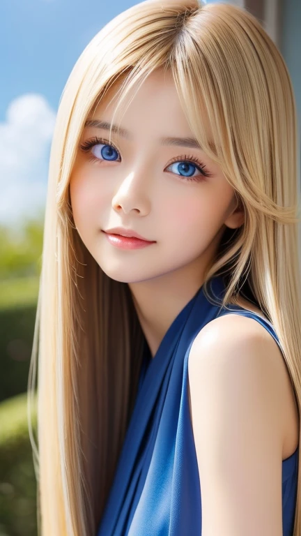 real photo quality、extraordinary sexy beauty、Beautiful calm and bright expression、Sexy refreshing look、Long bangs that fall on a perfect beautiful cute face、Super long blonde straight silky hair、blonde on a beautiful face、Very cute beautiful sexy young little woman、very perfect beautiful cute face、Beautiful bright sky blue eyes、very big eyes、hair above eyes、片hair above eyes、hair between eyes、Very radiant white skin、cheek gloss