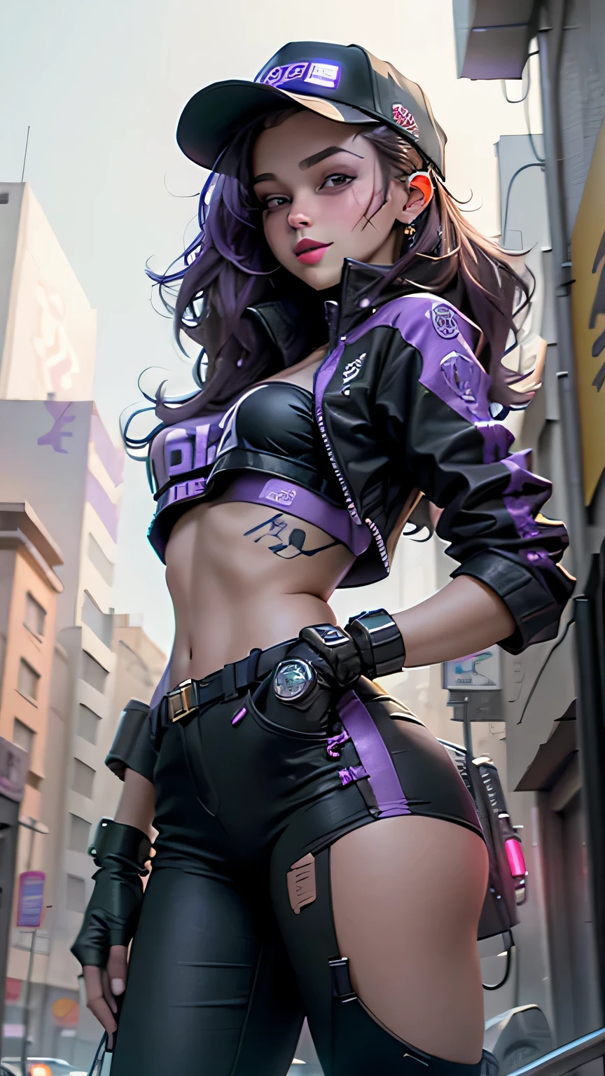 Beautiful woman medium brown hair, usando gorra, ropa corta estilo cyberpunk, purple eyes, enorme sonrisa traviesa
