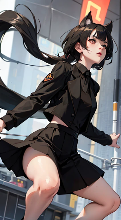 girl, dressed in white long sleeves, with a black vest and knee-length black skirt, slightly narrow, red eyes, detailed eyes, long black socks, school shoes, has cat ears, has short black hair like a boy, but has a lot of hair, the sides of her hair stick out, she is a calm girl, short hair like boy, long black dress, vtuber style