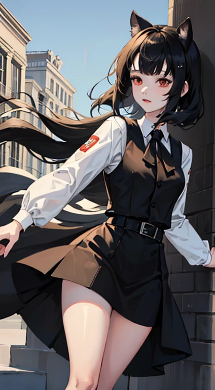 girl, dressed in white long sleeves, with a black vest and knee-length black skirt, slightly narrow, red eyes, detailed eyes, long black socks, school shoes, has cat ears, has short black hair like a boy, but has a lot of hair, the sides of her hair stick out, she is a calm girl, short hair like boy, long black dress, vtuber style