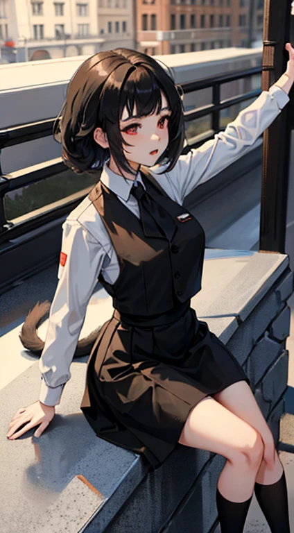 girl, dressed in white long sleeves, with a black vest and knee-length black skirt, slightly narrow, red eyes, detailed eyes, long black socks, school shoes, has cat ears, has short black hair like a boy, but has a lot of hair, the sides of her hair stick out, she is a calm girl, short hair like boy, long black dress, vtuber style