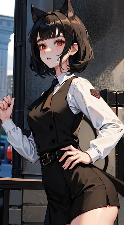 girl, dressed in white long sleeves, with a black vest and knee-length black skirt, slightly narrow, red eyes, detailed eyes, long black socks, school shoes, has cat ears, has short black hair like a boy, but has a lot of hair, the sides of her hair stick out, she is a calm girl, short hair like boy, long black dress, vtuber style