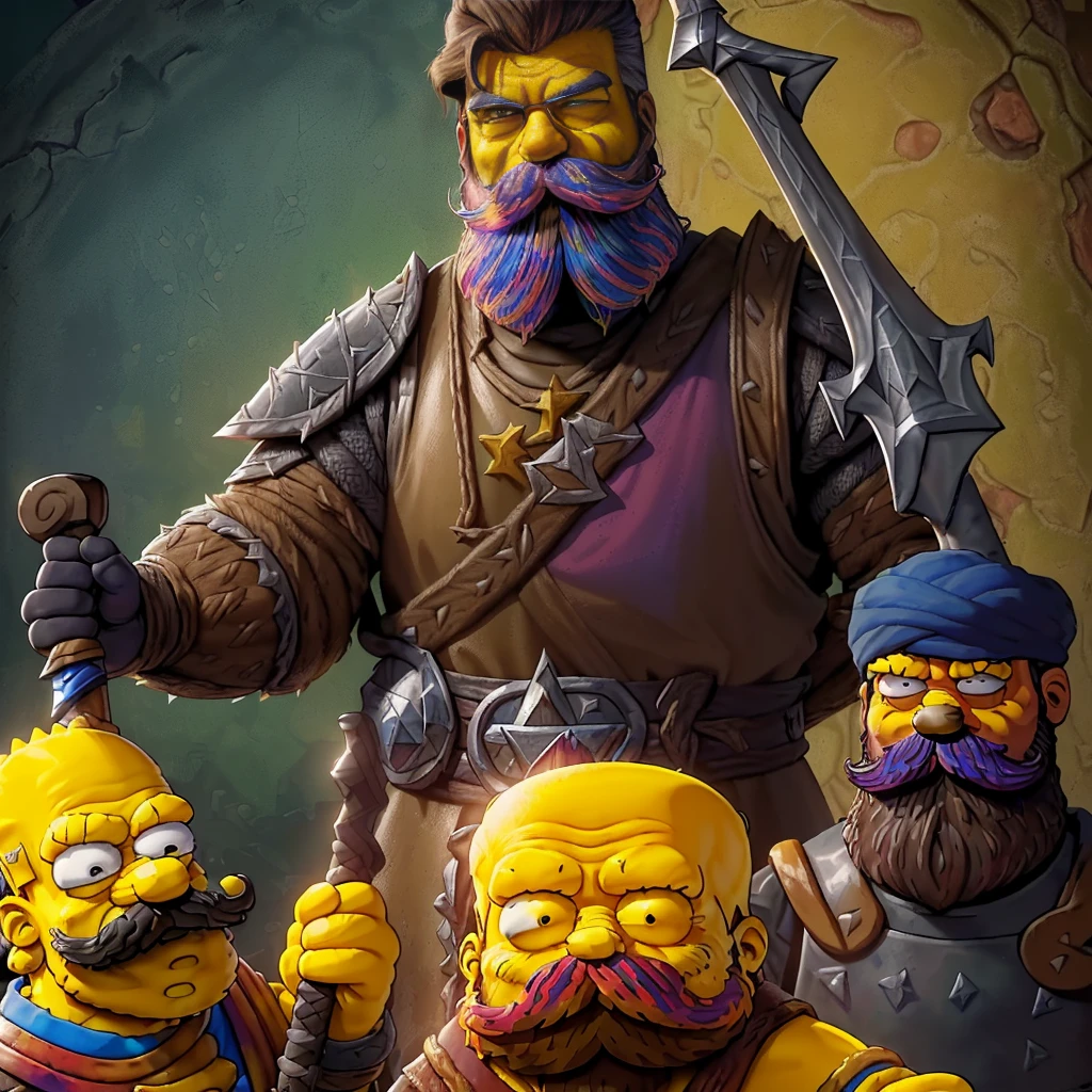Homem Simpson e Bart em Skyrim: ((personagens de pop culture: 1.1)), ((jogando RPG: 1.3)), ((wearing medieval armor: 1.1)), ((Homem Simpson with a rustic beard and Bart with dark hair and mustache: 1.4)), ((Skyrim: A Elder Scrolls V: 1.1)), ((Homem Simpson holding a sword: 1.2)), ((Bart holding a bow: 1.2)), ((scene from video game: 1.1)), ((vividly colored: 1.5)), ((detailed: 1.4)), ((Homem Sim