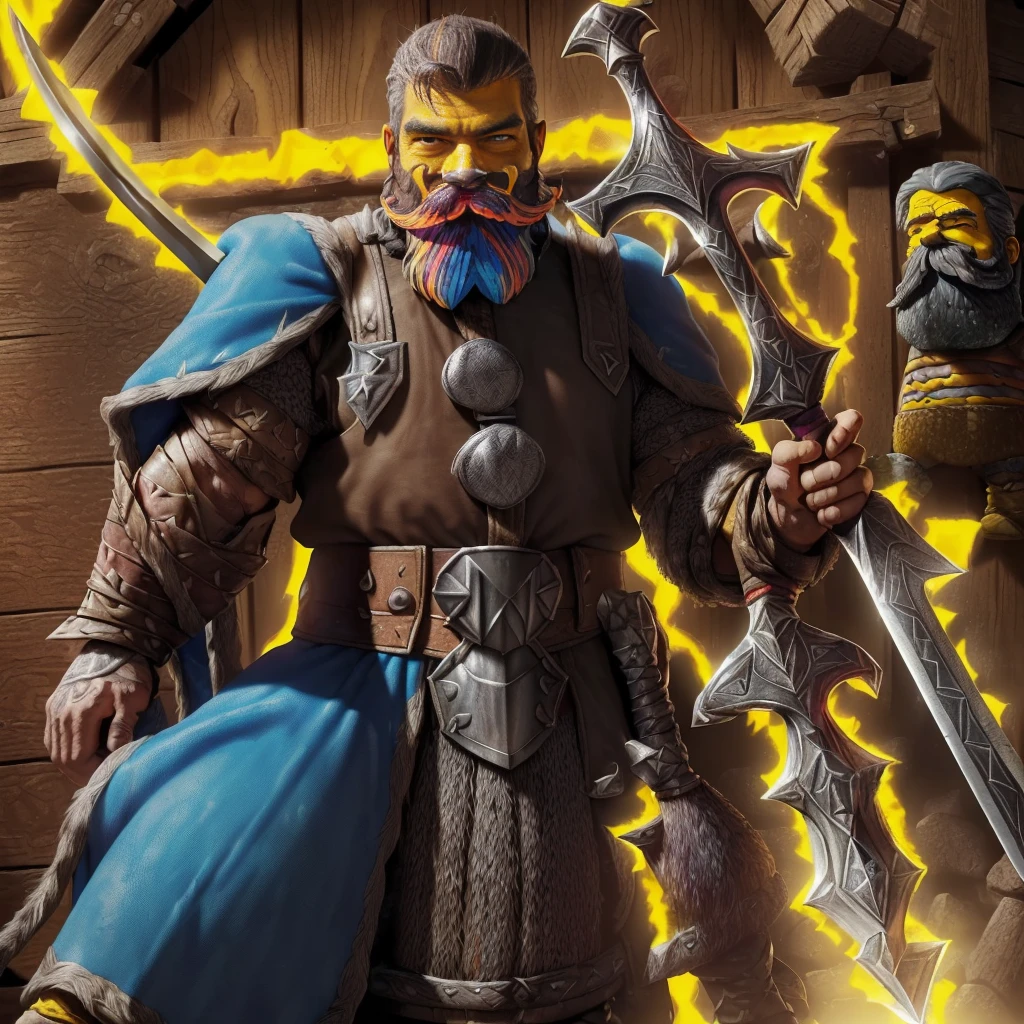 Homem Simpson e Bart em Skyrim: ((personagens de pop culture: 1.1)), ((jogando RPG: 1.3)), ((wearing medieval armor: 1.1)), ((Homem Simpson with a rustic beard and Bart with dark hair and mustache: 1.4)), ((Skyrim: A Elder Scrolls V: 1.1)), ((Homem Simpson holding a sword: 1.2)), ((Bart holding a bow: 1.2)), ((scene from video game: 1.1)), ((vividly colored: 1.5)), ((detailed: 1.4)), ((Homem Sim