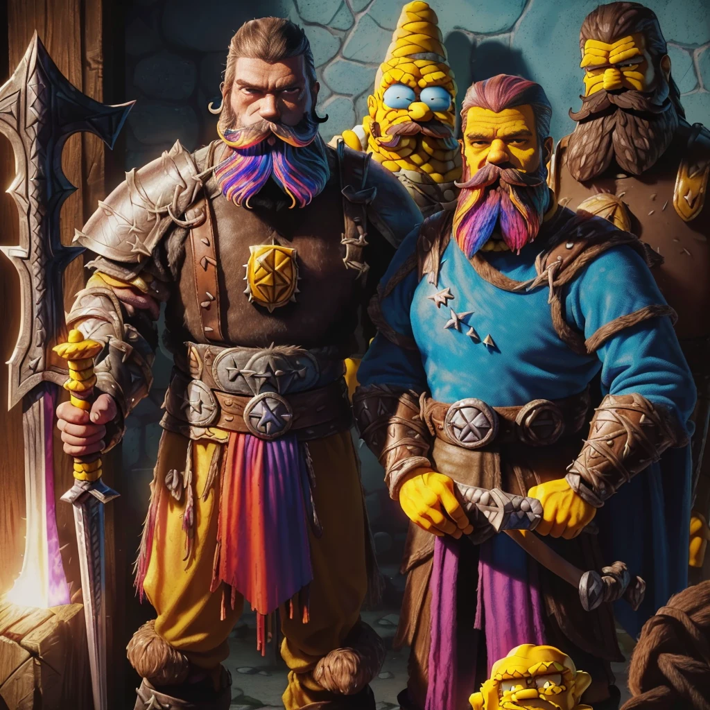 Homem Simpson e Bart em Skyrim: ((personagens de pop culture: 1.1)), ((jogando RPG: 1.3)), ((wearing medieval armor: 1.1)), ((Homem Simpson with a rustic beard and Bart with dark hair and mustache: 1.4)), ((Skyrim: A Elder Scrolls V: 1.1)), ((Homem Simpson holding a sword: 1.2)), ((Bart holding a bow: 1.2)), ((scene from video game: 1.1)), ((vividly colored: 1.5)), ((detailed: 1.4)), ((Homem Sim