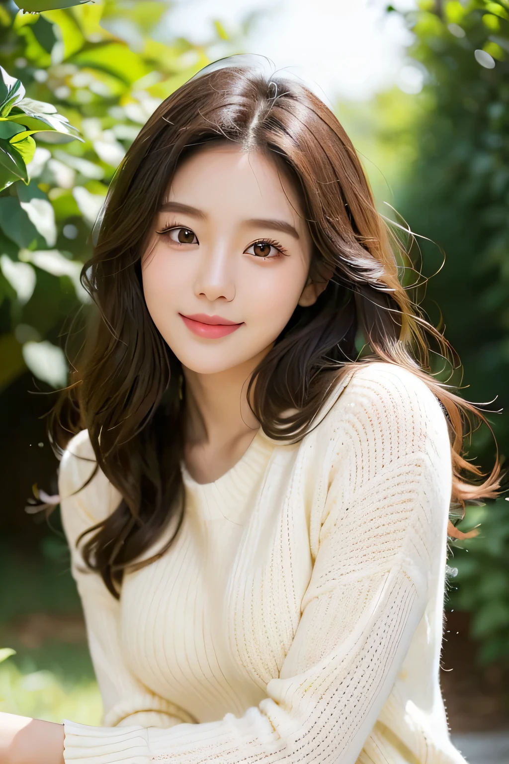 Pure and sweet Korean girl, her skin is flawless、Fair-skinned, Her eyes are charming and deep, her face is very beautiful. Her lips curved into a charming smile, smile pleasantly. Her brown hair is naturally curly and soft, pouring down from her shoulders. She wore a white sweater with cutouts, Show a hint of breasts, Increase her charm. The bright sunshine shines on her, Let her bathe in golden light. The background is soft and natural, Let her blend into nature. This is a portrait full of energy and warmth.