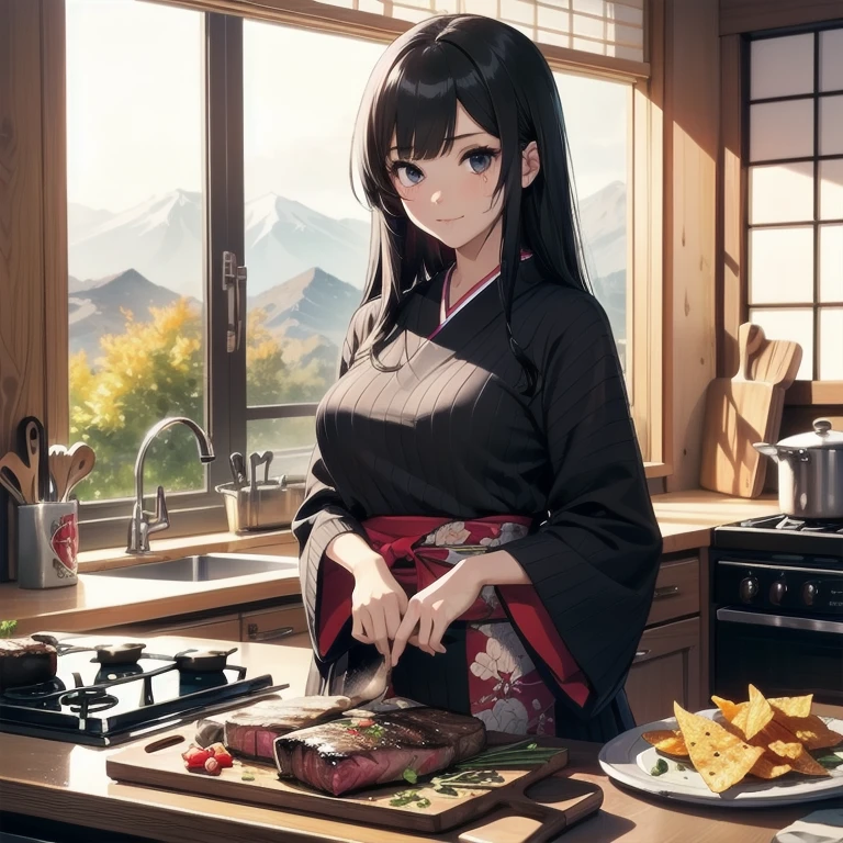 1girl, anime, black eyes, long black hair with square bangs, very long black hair, super long black hair, skirt and stockings, heels, black Japanese style kimono mixed with ribbed black sweater with red accents and sakura floral design, ((ribbed black sweater)) adult, (Japanese shrine/temple background), gamer, (((gamergirl))), kimono sleeves, garter, graceful, (((cooking beed steak in kitchen))), sushi on countertop, mountain dew energy drink/soda on countertop, bag of dorito chips on countertop