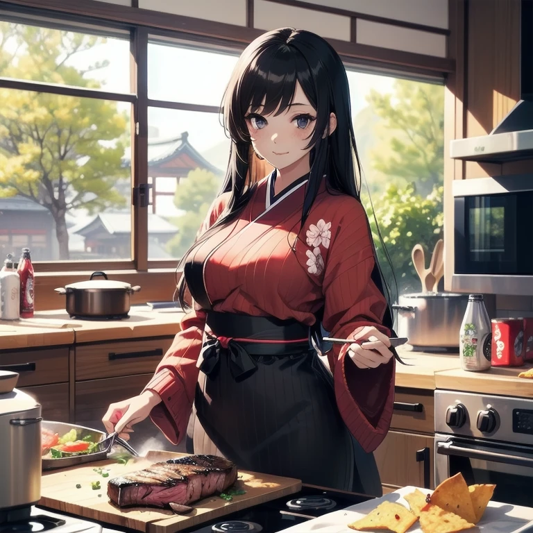 1girl, anime, black eyes, long black hair with square bangs, very long black hair, super long black hair, skirt and stockings, heels, black Japanese style kimono mixed with ribbed black sweater with red accents and sakura floral design, ((ribbed black sweater)) adult, (Japanese shrine/temple background), gamer, (((gamergirl))), kimono sleeves, garter, graceful, (((cooking beed steak in kitchen))), sushi on countertop, mountain dew energy drink/soda on countertop, bag of dorito chips on countertop