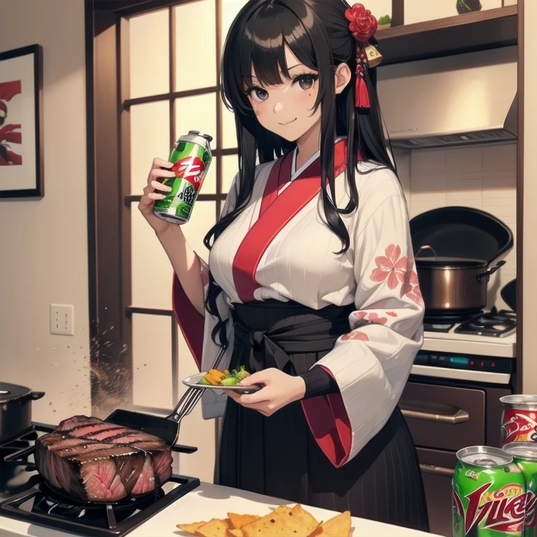 1girl, anime, black eyes, long black hair with square bangs, very long black hair, super long black hair, skirt and stockings, heels, black Japanese style kimono mixed with ribbed black sweater with red accents and sakura floral design, ((ribbed black sweater)) adult, (Japanese shrine/temple background), gamer, (((gamergirl))), kimono sleeves, garter, graceful, (((cooking beed steak in kitchen))), sushi on countertop, mountain dew energy drink/soda on countertop, bag of dorito chips on countertop
